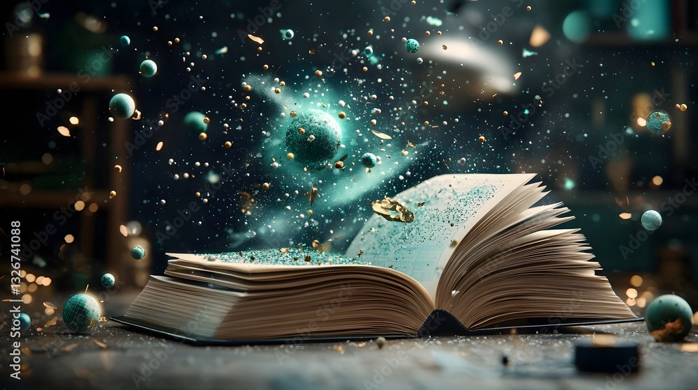 Poster satellite imagery and weather patterns emerging from an open book symbolizing the study and research