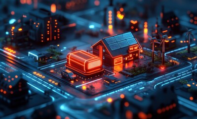 Futuristic Smart Energy Ecosystem with Neon Glow and Virtual Power Plant Illustration