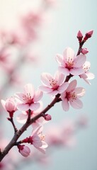 Obraz premium Fragile cherry blossom twigs, bright white setting, soft illumination , spring background, nature background, white