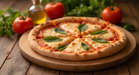 Fresh Margherita Pizza on Wooden Board