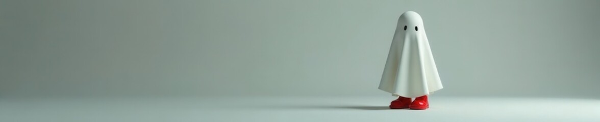 Ghostly figure in red shoes, neutral background, design, october