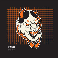 Japanese Demon Oni Mask Logo Design vector illustration	
