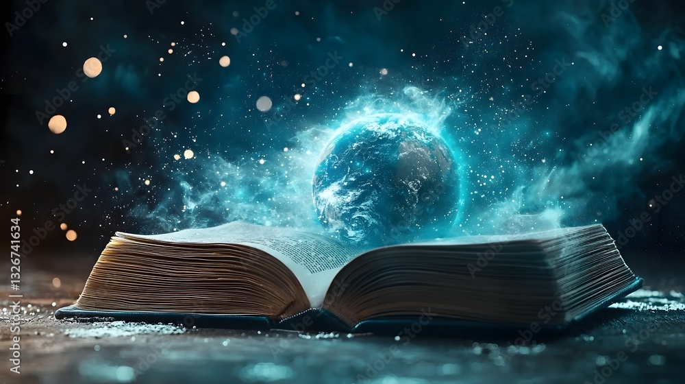Poster conceptual image of an open book revealing satellite imagery and weather patterns symbolizing the st