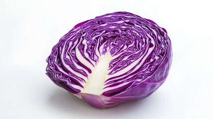Obraz premium vibrant purple cabbage sliced in half showcasing its intricate patterns and vivid colors. fresh and healthy vegetable is displayed on clean white background, highlighting its natural beauty