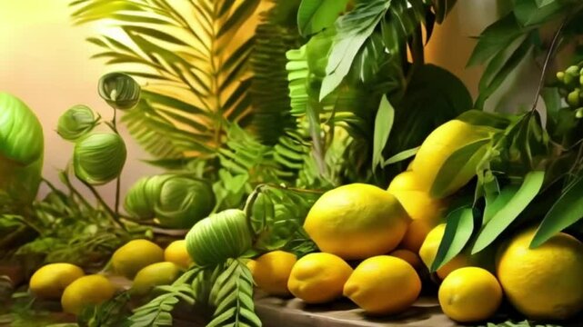 Lemon with leaves for celebration holiday sukkot, abstract vivid composition consists of background