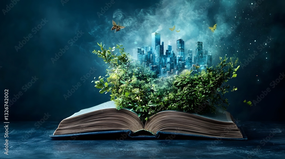 Poster futuristic cityscape emerging from the pages of an open book visualizing the impact of human geograp