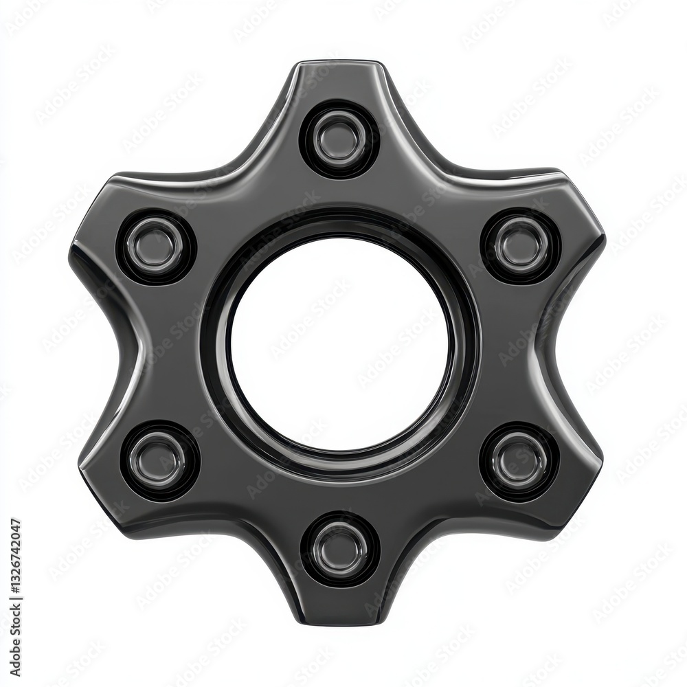 Poster close up view of a metallic, six pointed star shaped object with circular indentations. the object a