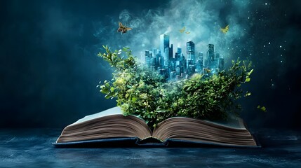 Fototapeta premium Futuristic cityscape emerging from the pages of an open book visualizing the impact of human geography and the evolution of urban environments This conceptual explores the intersection of knowledge