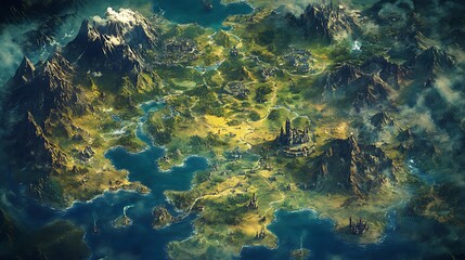 Fototapeta premium Detailed Fantasy World Map Featuring Mountains, Waterways, and Ancient Cities