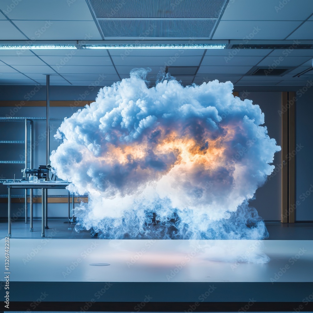 Poster dense vapor cloud experiment laboratory setting ethereal science visualization dramatic backlighting