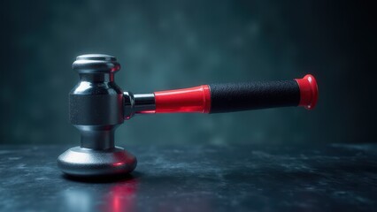 Obraz premium A hammer for track with a metallic head and a red and black handle, placed on a dark surface.