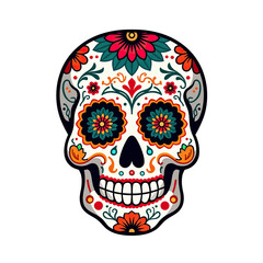 Sugar skull decorated with colorful floral ornaments for dia de muertos celebration, featuring a transparent background