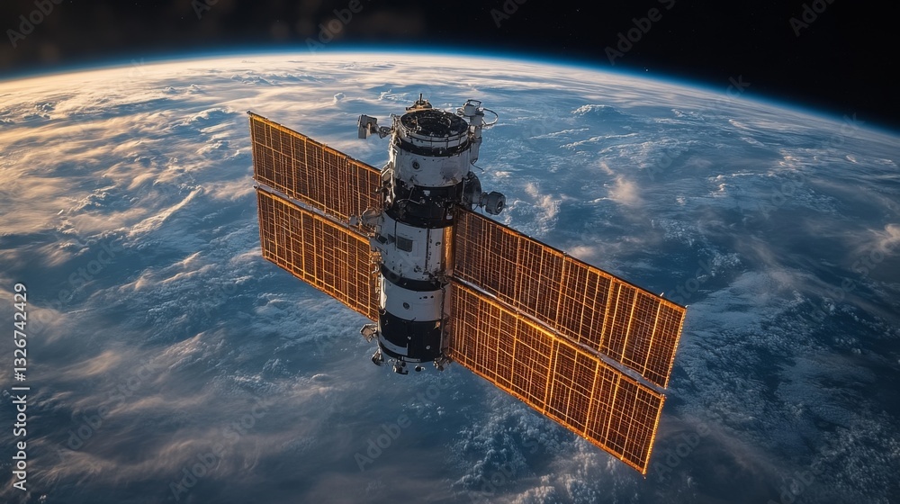 Poster This advanced satellite operates in a geostationary orbit, transmitting telemetry data and enabling broadband communication services across low Earth orbit. Sunlight reflects off its solar panels.