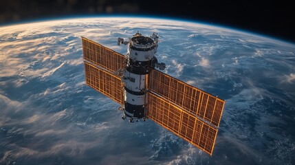 This advanced satellite operates in a geostationary orbit, transmitting telemetry data and enabling broadband communication services across low Earth orbit. Sunlight reflects off its solar panels.
