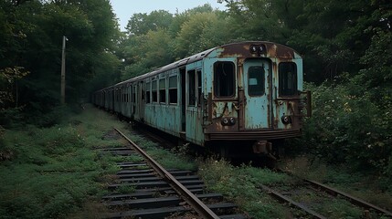 Obraz premium Abandoned Train Car in Overgrown Forest with Moody Lighting