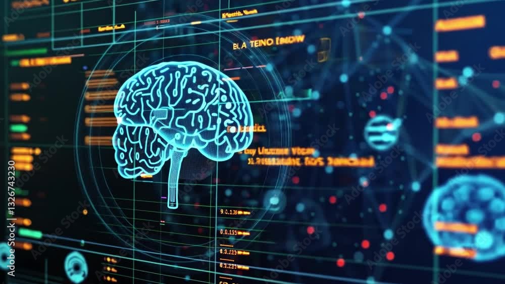 Poster digital brain illustration on futuristic interface showcasing data, neural connections, and advanced