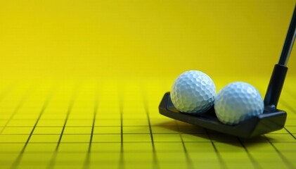 Grid of golf balls, putter rests on yellow surface, cheerful, alignment, close-up