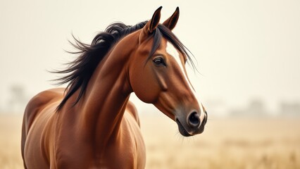 A stunning horse painting capturing the elegance and strength of a brown horse with a flowing mane in a natural setting.