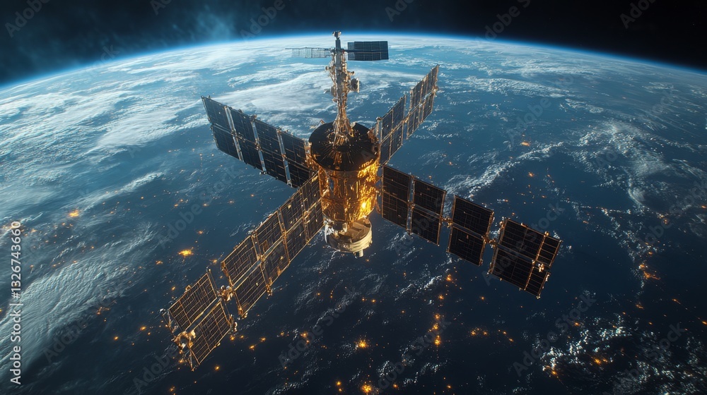 Poster orbiting the planet, the satellite utilizes solar panels to gather energy while providing crucial te