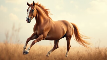 Obraz premium A stunning horse painting depicting a majestic horse running through a field with a soft, blurred background.
