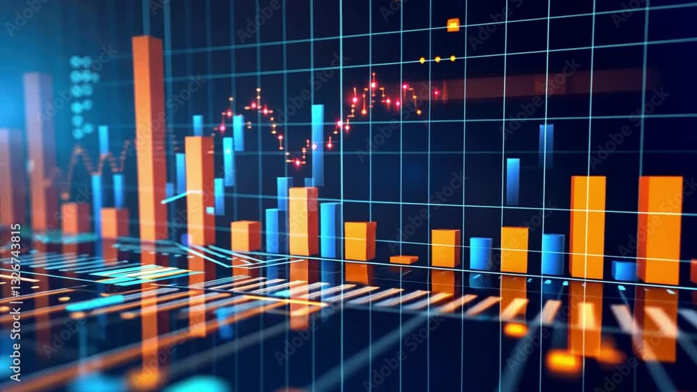 Poster digital financial chart with blue and orange bars in depth data analysis and market trends insights 