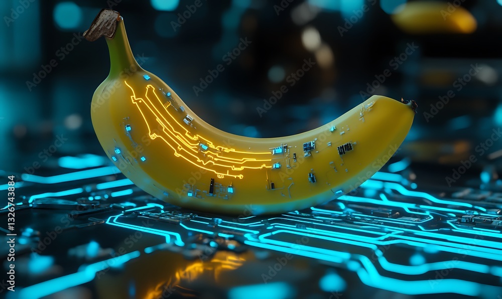 Poster a yellow banana adorned with technological circuit patterns appears