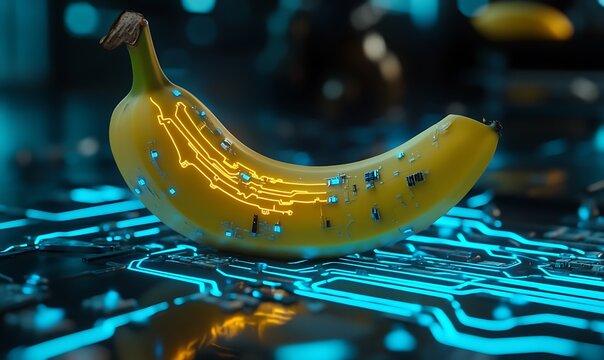 A yellow banana adorned with technological circuit patterns appears