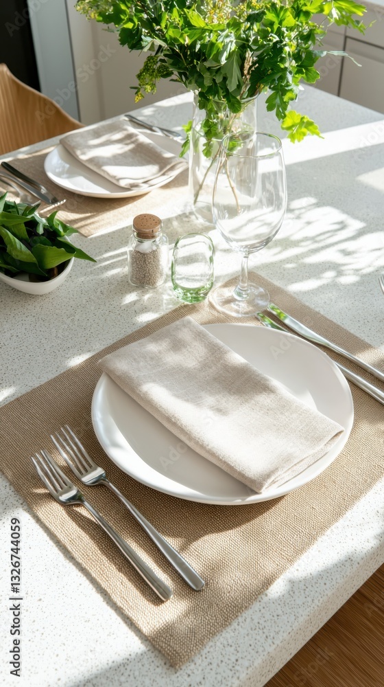Poster minimalist linen table napkins arranged elegantly in a sunlit dining space photography soft light to