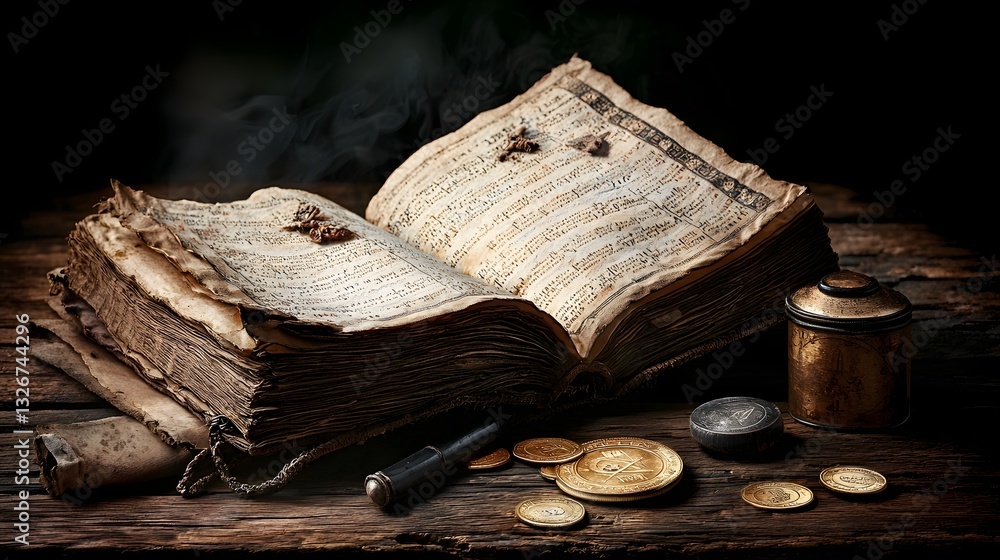 Poster cryptic manuscript emerges from ancient tome secrets of the past unveiled through intricately coded 
