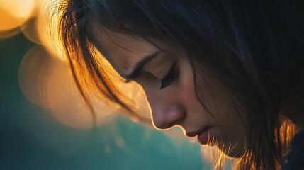 young woman with long dark hair looks downward with sorrowful expression, her face illuminated by warm golden light. soft bokeh background enhances emotional depth of moment