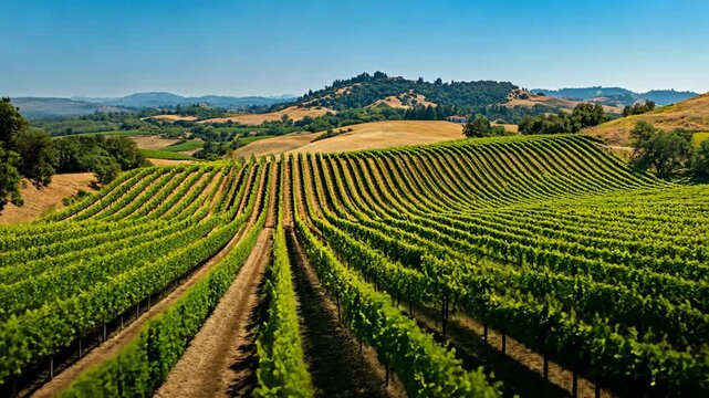 Scenic vineyard landscape transformation with rolling hills under blue sky