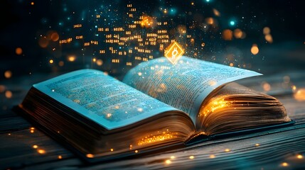 Open book with glowing binary code and cryptographic algorithms floating above representing the concept of cybersecurity and digital data protection
