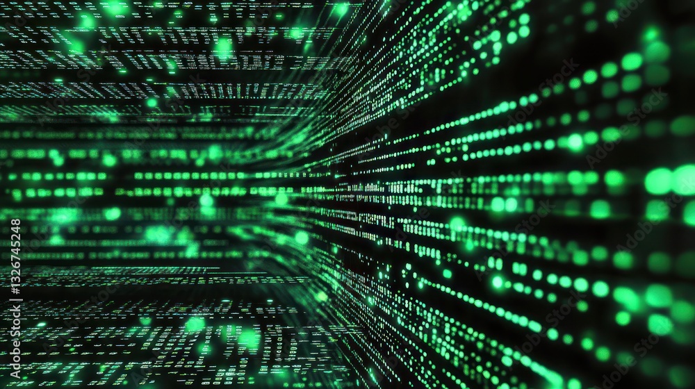 Poster abstract green digital data stream with glowing particles