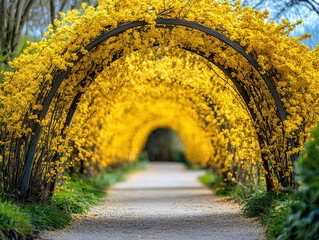 Scenic Garden Pathway Framed by Blooming Forsythia Shrubs with Vibrant Yellow Flowers  
