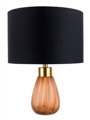 Elegant table lamp with a dark, textured black shade and a light brown pear shaped wooden base accented with gold detailing. The lamp is isolated on a white background.