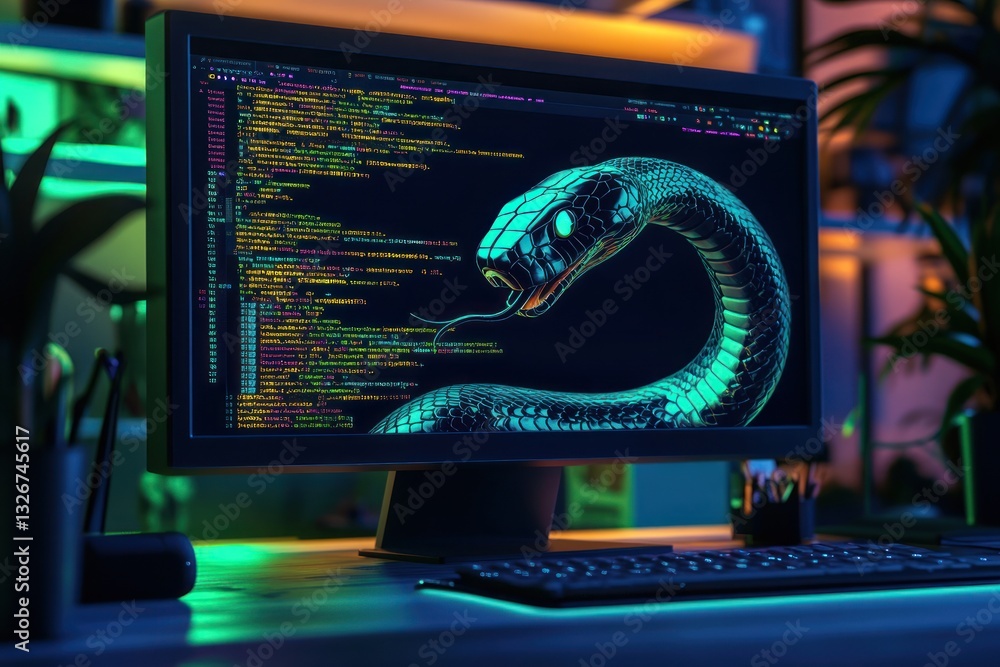 Poster coding environment with snake illustration on screen