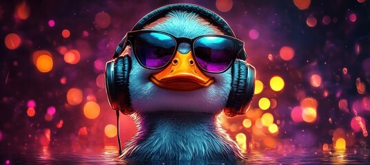 Stylish Duck DJ with Sunglasses and Headphones in Neon Bokeh