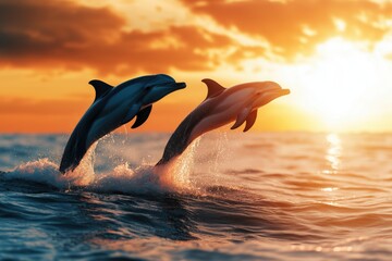 Obraz premium two dolphins against the background of sunset