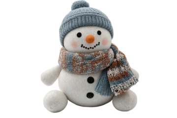 Cute snowman wearing knitted hat and scarf for winter decor