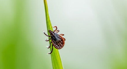 Fototapeta premium Bloodsucking tick clings to green grass blade against a soft white background