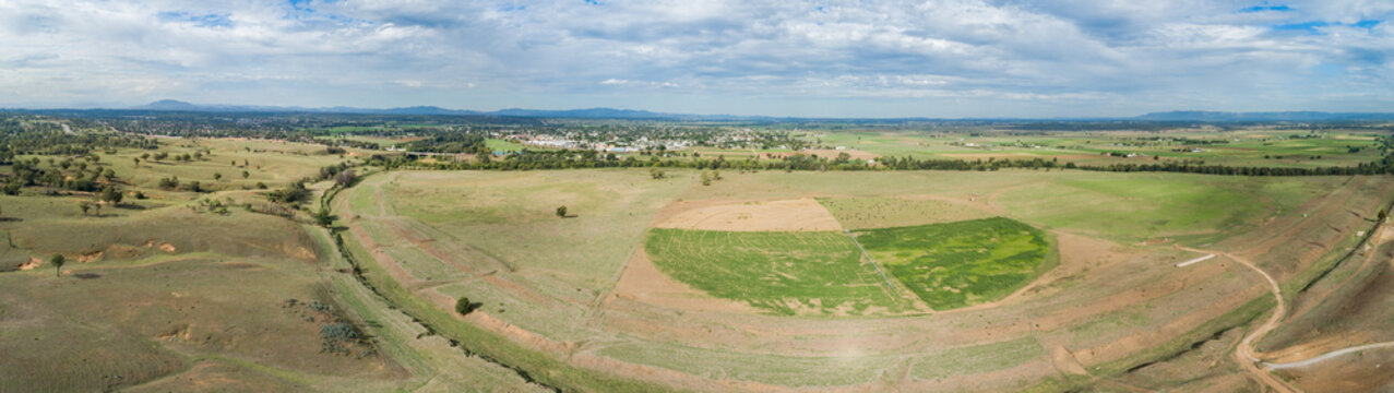Aerial view of an irrigation pivot in farm paddock