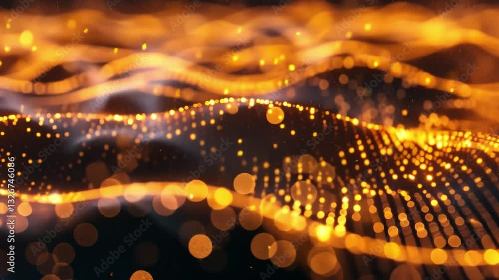Poster mesmerizing digital landscape of glowing orange particles forms dynamic wave pattern, creating abstr