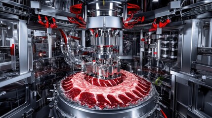 Meat processing machine grinding and mixing raw meat in a sterile production facility