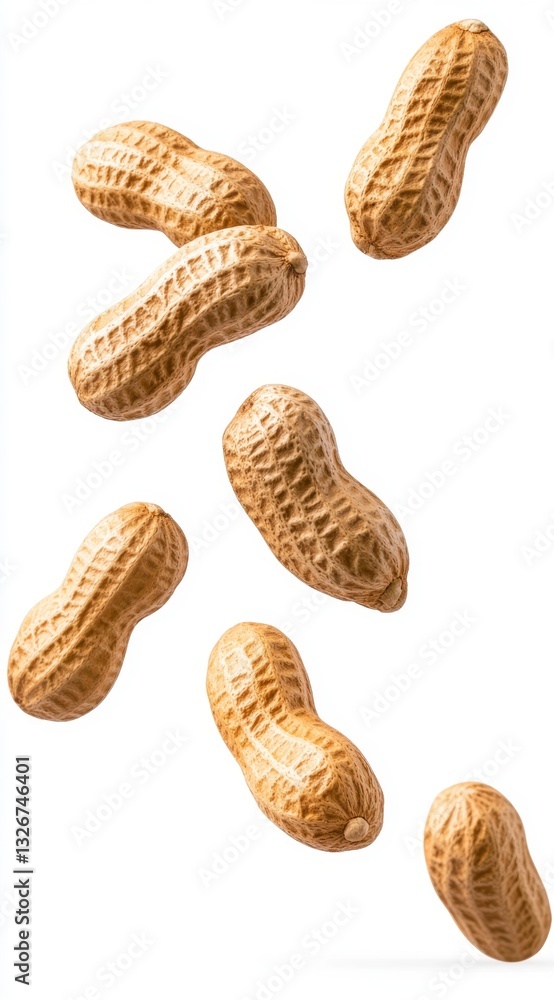 Poster multiple peanuts in shell falling against a white background. the peanuts are light brown and show t