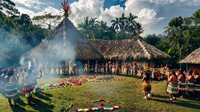 Panoramic view of an indigenous festival, with ceremonial attire and dance, showcasing vibrant culture. Indigenous Peoples Day, August 9