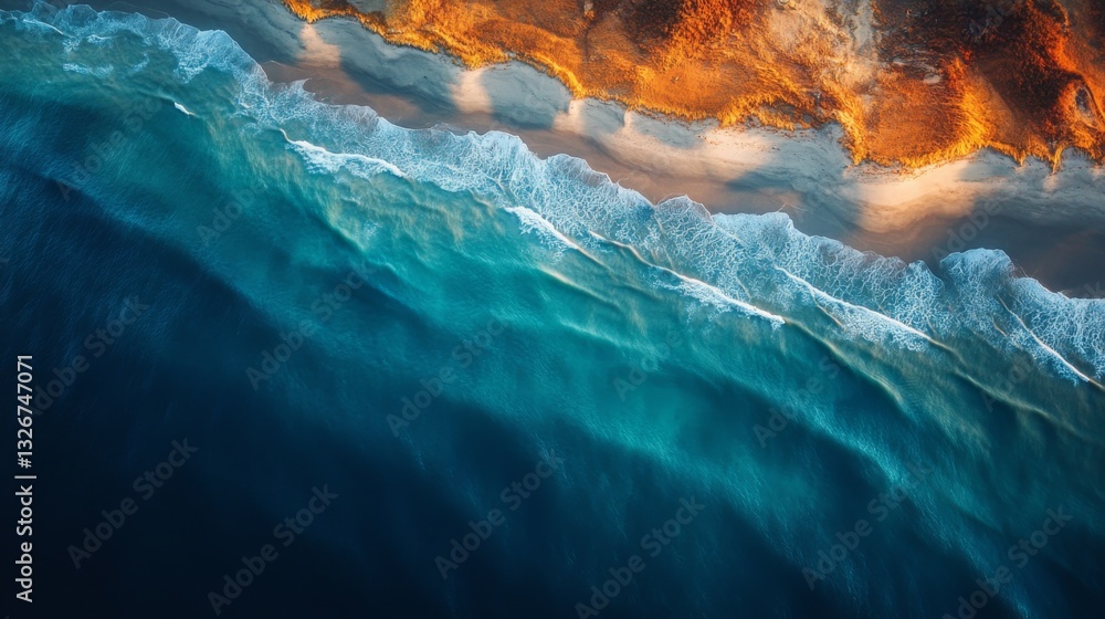 Poster aerial view reveals the dynamic interaction between the ocean waves and the sandy coastline, showcas