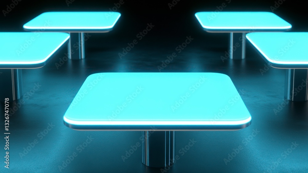 Poster five square tables with glowing light blue tops and metallic legs are arranged in a circular pattern