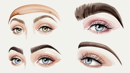 Watercolor Illustrations of Female Eyes with Various Eyebrow Shapes and Makeup Looks