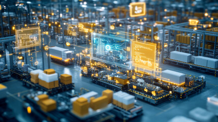 Automated warehouse with digital interfaces, logistics technology, and cargo. scene showcases advanced inventory management and efficient supply chain operations