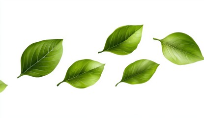Fototapeta premium Five green leaves gently float against a bright white background. The leaves are slightly translucent, with visible veins and subtle texture. Soft lighting creates a peaceful and serene mood.
